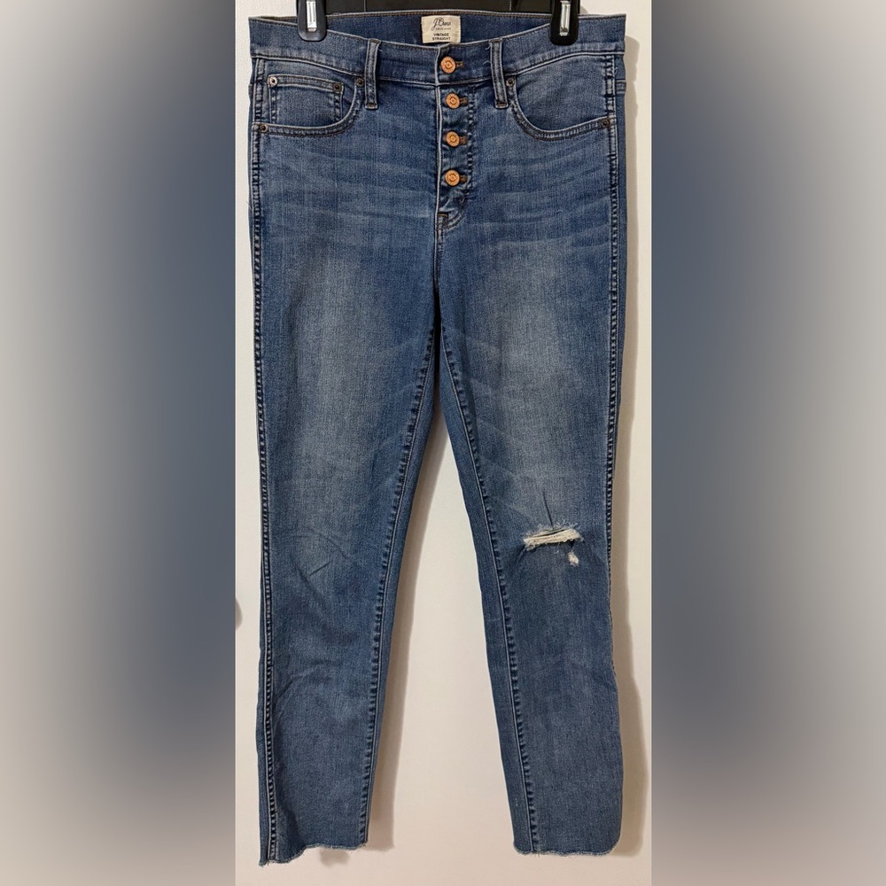 J.Crew Vintage Straight Jeans Button Fly Distressed Raw Hem Size 28T